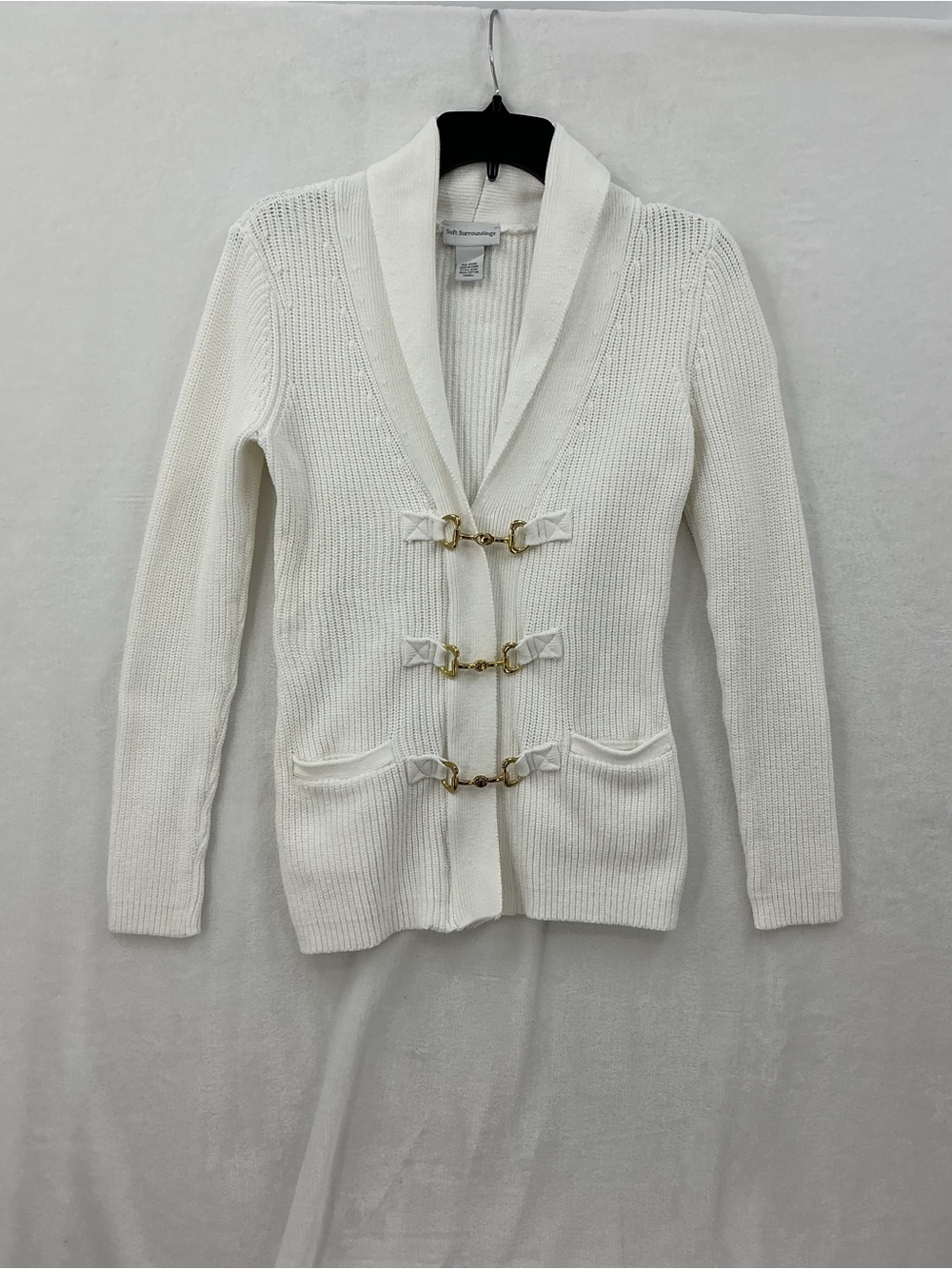 100% cotton Classic Shawl Collar Cream Knit Sweater with Gold Toggle Closures